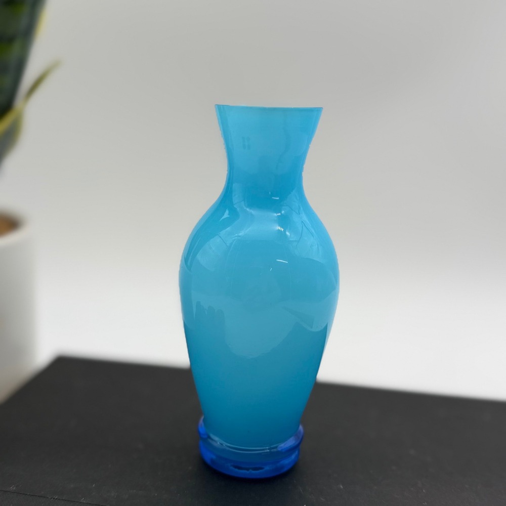 Vintage Turquoise Cased Glass Bud Vase White Blue Mid Century Modern 5.25"